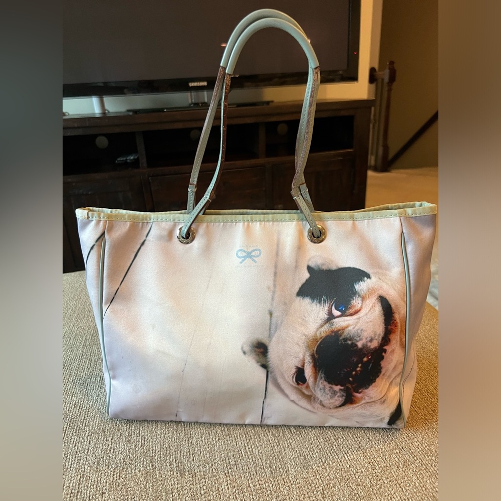 Anya Hindmarch Cream and Gray Tote with Dog Print